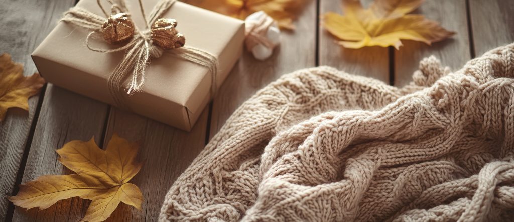 Fall leaves, small gift package, hand knit sweater photo